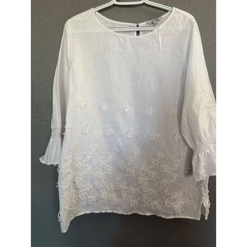 JOHN•MARK Sz L White Linen Embroidered Flower Bell Sleeve Blouse Beach Casual